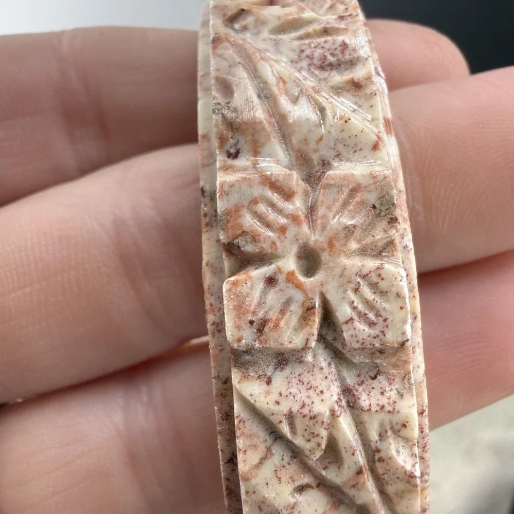 Vintage Bangle Bracelet Carved Polished Stone Pink 8